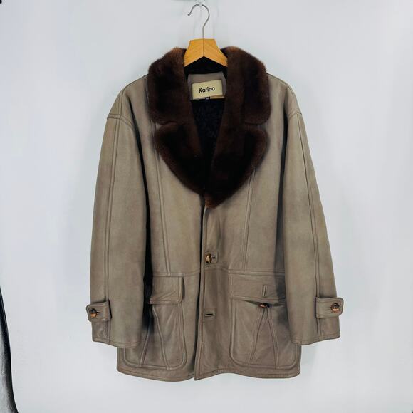 Karino 100% Leather Coat Brown Fur Collar Gray Jacket Made in Italy (Fits L/XL) - Picture 1 of 6